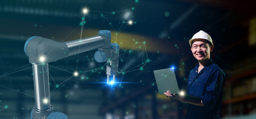 Futuristic technology trend concept of smart industry 4.0 engineer use artificial intelligence robotic automation machine in factory Connecting data network software to monitoring, operating process