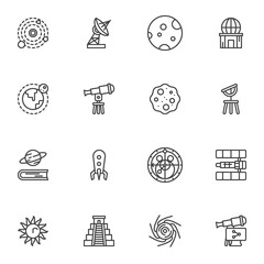 Astronomy and Space line icons set, outline vector symbol collection, linear style pictogram pack. Signs logo illustration. Set includes icons as solar system planets, universe, telescope, observatory © alekseyvanin
