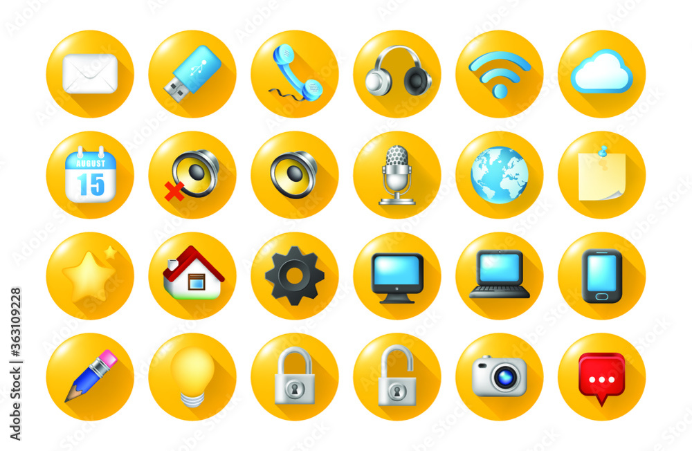 Poster set of realistic colored technological icon on yellow buttons on white background . isolated vector 