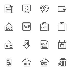 Sale and discount line icons set, black friday sale outline vector symbol collection, linear style pictogram pack. Signs, logo illustration. Set includes icons as discount label, percentage, ecommerce