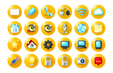 Set of Realistic Colored Technological Icon on Yellow Buttons on White Background . Isolated Vector Elements