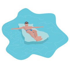 vector illustration isolated on white background man swims on an inflatable mattress in the pool / sea