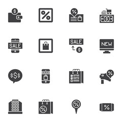 Discount sale vector icons set, modern solid symbol collection, filled style pictogram pack. Signs, logo illustration. Set includes icons as smartphone sale, seller promotion, shopping bag, payment