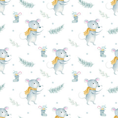Watercolor seamless pattern with Cute cartoon christmas rat mouse. Watercolor hand drawn animal illustration. New Year 2020 holiday drawing
