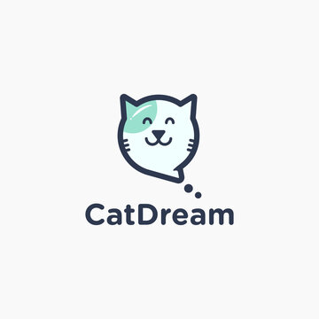 Cute Cat Dream Cartoon with bubble talk logo design