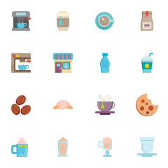 Coffee shop elements collection, flat icons set, Colorful symbols pack contains - coffee maker machine, croissant, cookies, water bottle, hot tea cup, milkshake. Vector illustration. Flat style design