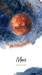 Mars planet vertical banner watercolor hand drawn illustration with watercolor splash backgroundon white. © cosmicanna