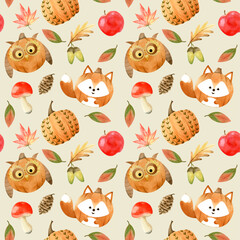 Seamless Pettern with cute pumpkins, autumn leaves, cones, apples and mushrooms.