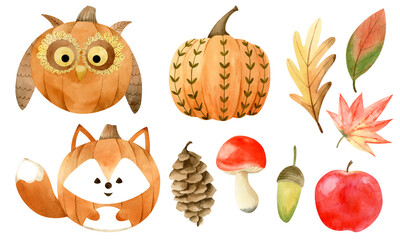 Set of cartoon elements of autumn. 
