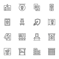 Ancient museum gallery vector icons set, modern solid symbol collection, filled style pictogram pack. Signs, logo illustration. Set includes icons as medieval exhibits, museum display, amphora vase