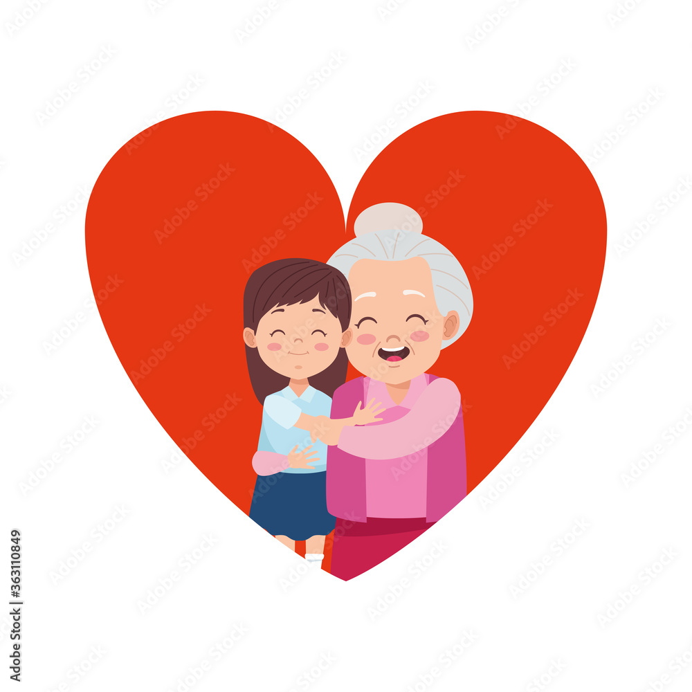 Wall mural cute happy grandmother with granddaughter in heart