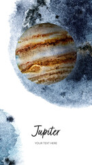 Jupiter planet vertical banner watercolor hand drawn illustration with watercolor splash backgroundon white. © cosmicanna