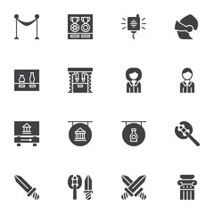 Gallery and museum vector icons set, modern solid symbol collection, filled style pictogram pack. Signs logo illustration. Set includes icons - museum entrance, medieval sword, guide, showcase display