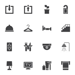 Hotel service vector icons set, modern solid symbol collection, filled style pictogram pack. Signs, logo illustration. Set includes icons as door hanger, restaurant food, television set, shower, bed