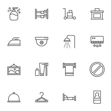 Hotel line icons set, outline vector symbol collection, linear style pictogram pack. Signs, logo illustration. Set includes icons as double room bed, towel, shower, air conditioner, security camera