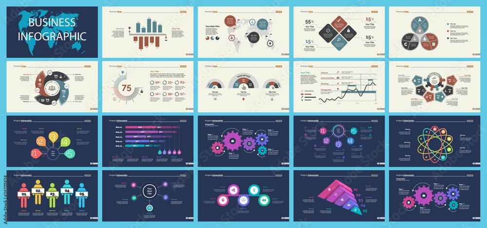 Aufkleber set of analysis or teamwork concept infographic charts. graphic elements for presentation slide temp