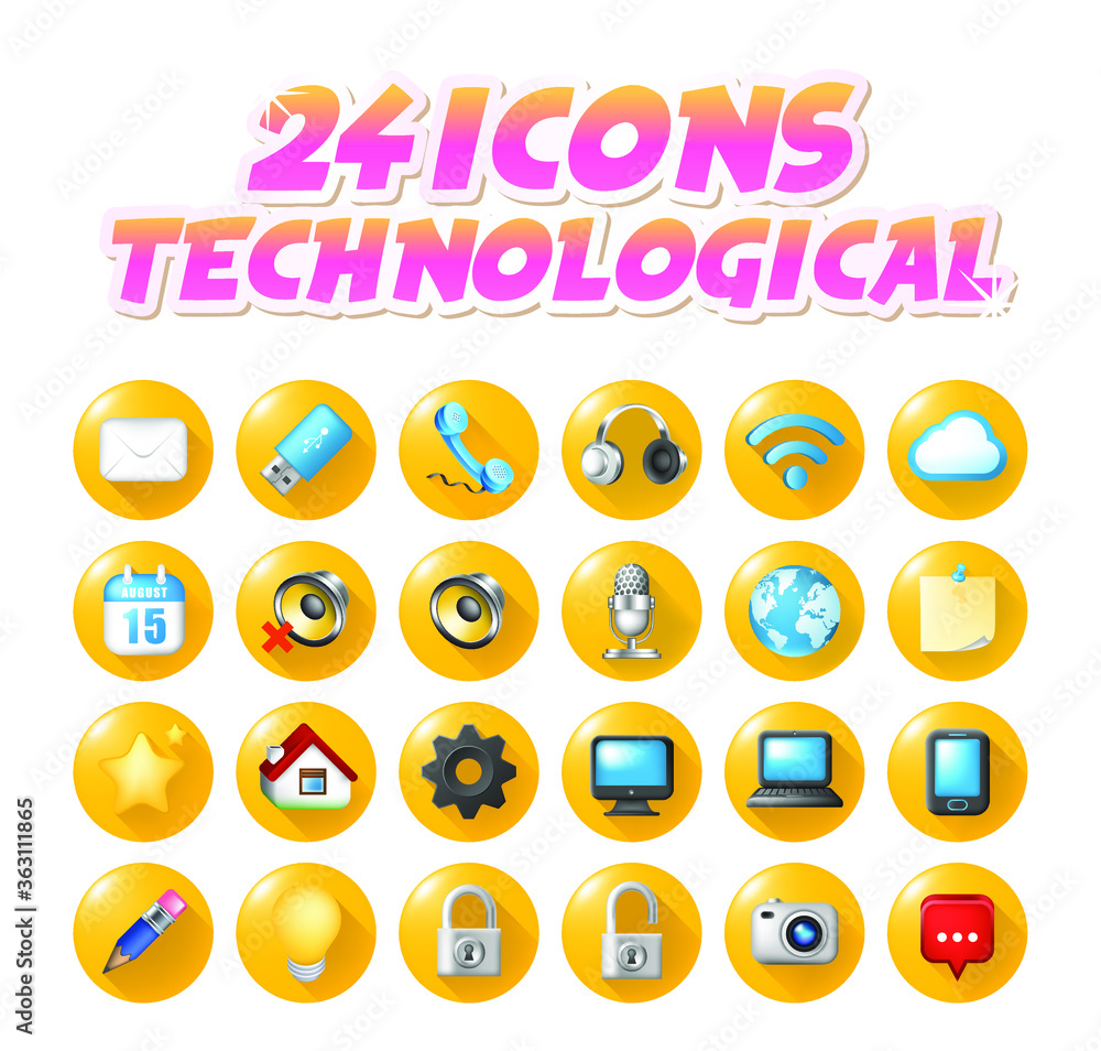 Poster set of realistic colored technological icon on yellow buttons on white background . isolated vector 