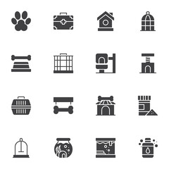 Pet shop vector icons set, modern solid symbol collection, filled style pictogram pack. Signs, logo illustration. Set includes icons as pets paw, aquarium fish, bird cage, kennel, cat scratcher, vet