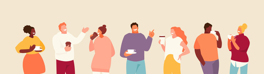 People group colleagues, friends drinking coffee. Break at work and communication vector illustration - obrazy, fototapety, plakaty