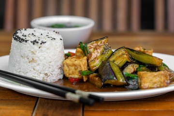 Lightly fried tofu and stew with eggplant, onion, garlic, gravy sauce on plate