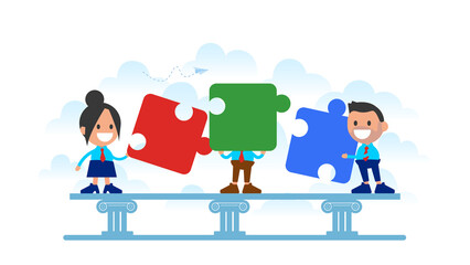 Team connecting puzzle elements. Symbol of teamwork, partnership, cooperation.
