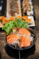 Japanese sashimi sliced salmon on ice