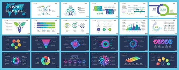 Set of management or statistics concept infographic charts. Business diagrams for presentation slide templates. For corporate report, advertising, banner and brochure design.