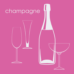 Champagne bottle, glasses tulip, sauce and flute