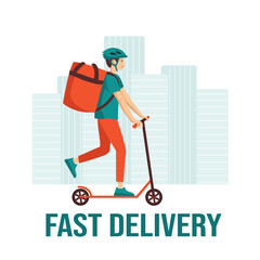 Young man courier on a scooter.
The concept of environmentally friendly fast delivery of food, products, parcels. City landscape. Vector illustration in a flat style.
