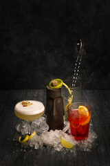 Alcoholic beverages on a dark wooden background