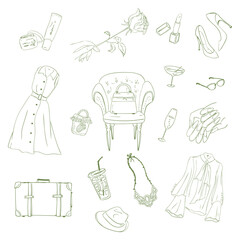 大人の女性が好む小物　モスグリーン線画