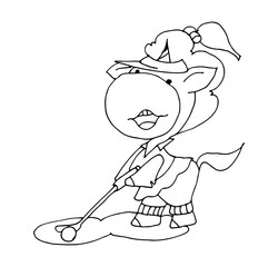 Coloring book for kids - unicorn playing golf. Black and white cute cartoon unicorns. Vector illustration.	
