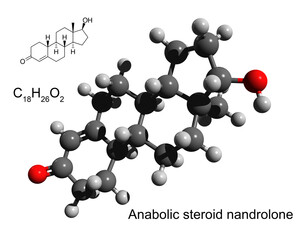 Chemical formula, structural formula and 3D ball-and-stick model of anabolic steroid nandrolone, white background