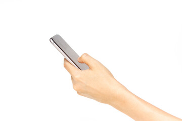 Hand using mobile smart phone isolated on white background. 
