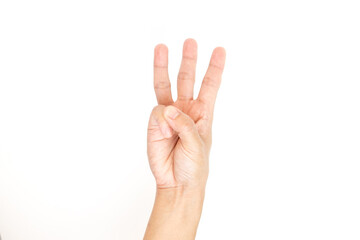Female hand showing gesture on white background. Body language concept.