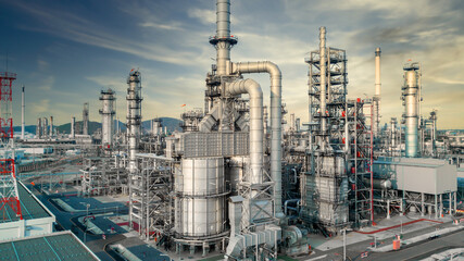 Aerial view Oil and gas industrial, Oil refinery plant form industry, Refinery factory white oil...