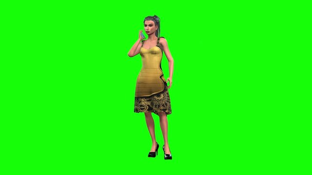 4k 3d animation of young avatar female, dressed a stylish dress, standing and waiting for someone while she talks on her mobile phone.