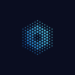 Letter o pixel logo hexagon blue color. Technology, business, and digital logotype vector concept
