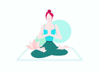 Yoga woman practicing lotus pose sitting on mat. Vector illustration