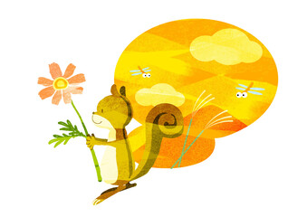 コスモスとリスの背景付きイラスト　秋イメージ　水彩テクスチャ © fumi