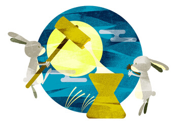 白うさぎのお餅つき　お月見イメージイラスト　水彩テクスチャ