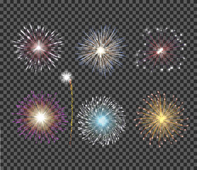 Holidays colored firework bursting in random shapes sparkling on transparent background. Vector illustration.