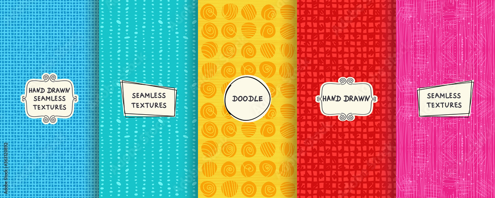 Poster set of seamless hand drawn texture designs for backgrounds, business cards, web design. doodle patte