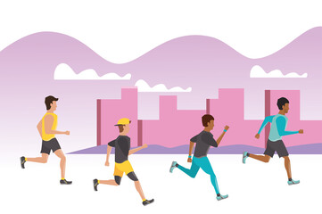 young men running athletes on the city