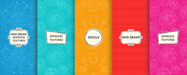 Set of seamless hand drawn texture designs for backgrounds, business cards, web design. Doodle pattern with trendy modern labels on bright background. vector illustration - 363120863
