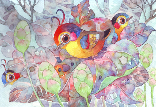 The little cute birds in colorful forest.Hand made watercolor illustration for greeting card,background,decoration,nature books illust,children book illust,poster,birds cartoon image,wallpaper,clip .
