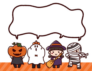 ハロウィンの仮装をする子供たちと吹き出し