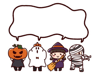 ハロウィンの仮装をする子供たちと吹き出し