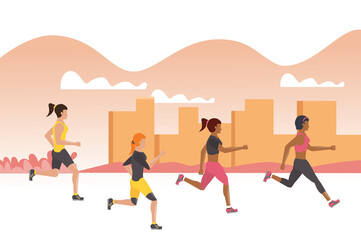 young girls running athletes on the city