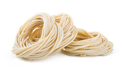Pici, Tuscan artisan spaghetti, bronze-drawn durum wheat pasta isolated on white background.